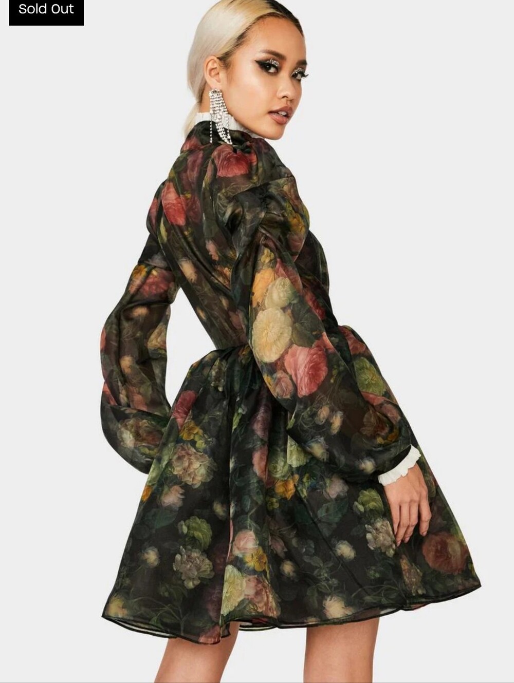 Selkie Kiki Black Sheer Floral Puff-Sleeve Mini Dress - Picture 4 of 7